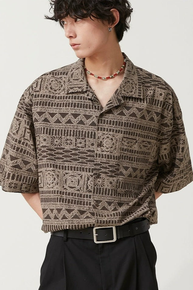 Bohemian Patterned Button-Up Short Sleeve Shirt
