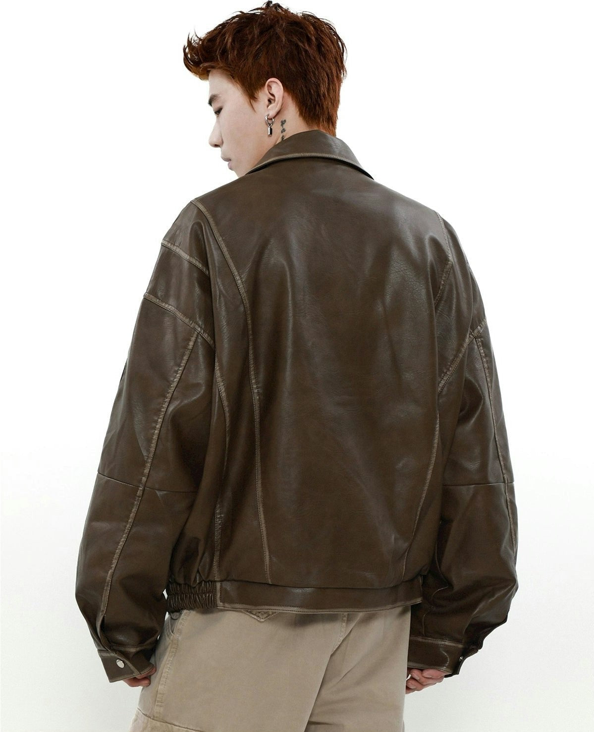Faded Faux Leather Zip-Through Collared Bomber Jacket