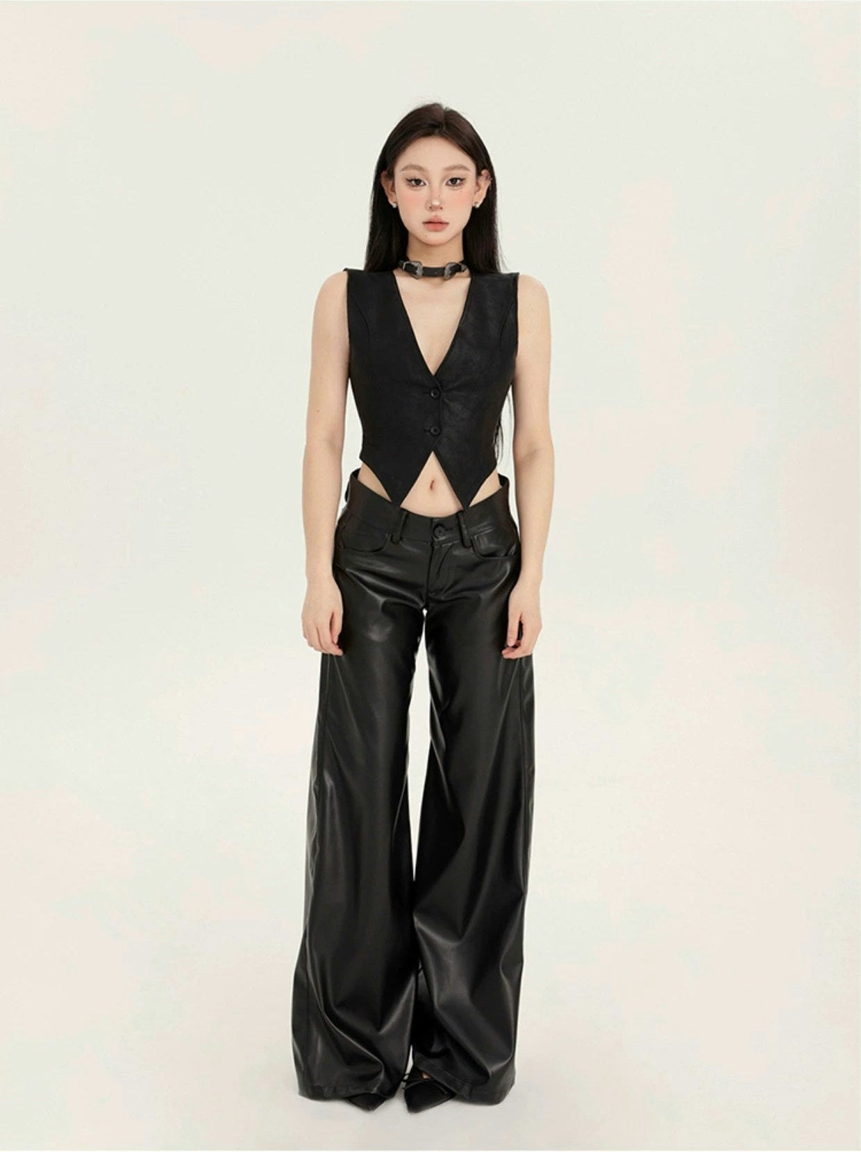 Faux Leather Wide-Leg Low-Rise Trousers1