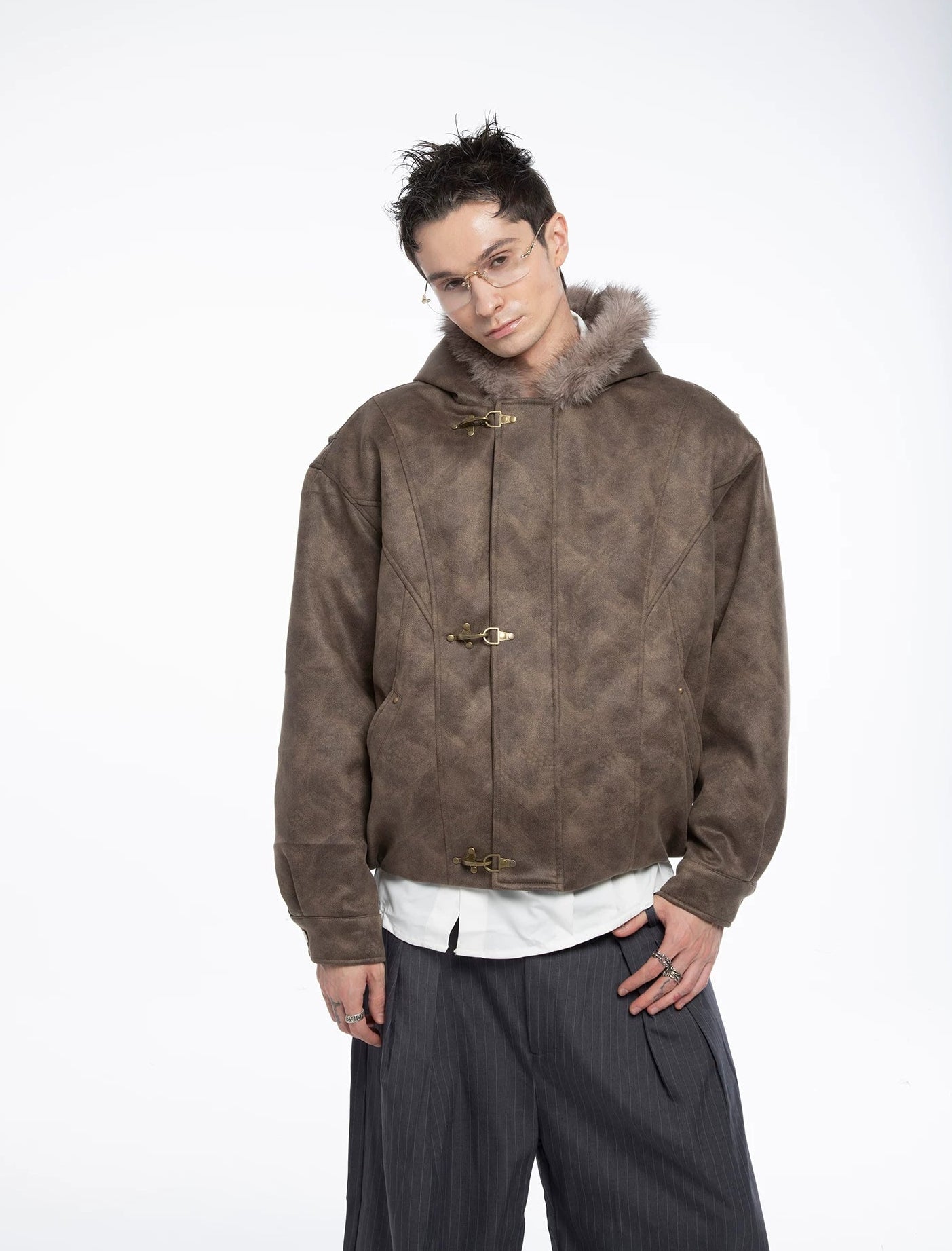 Fireman Buckle Hooded Faux Fur Trim Leather Jacket