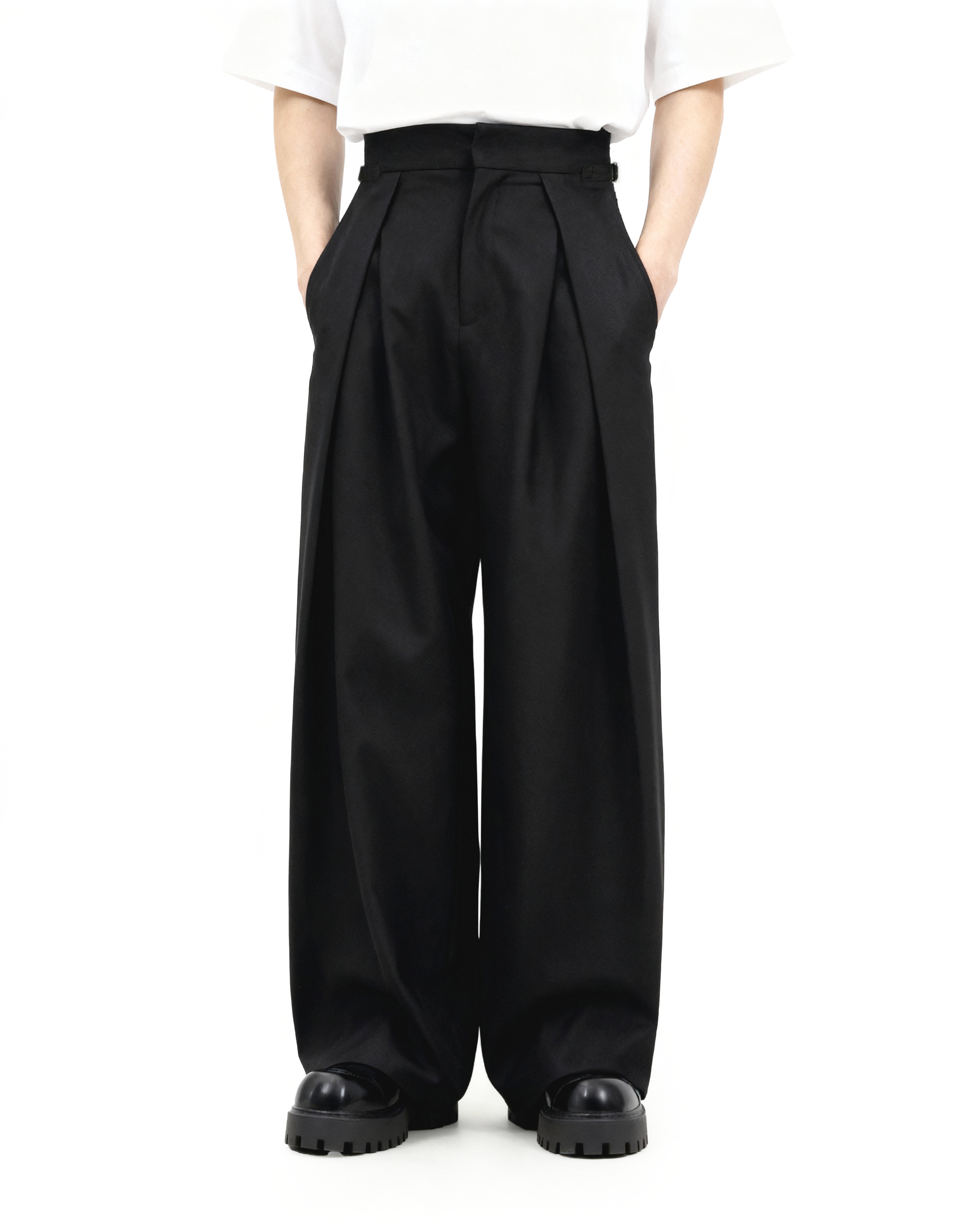 Wide Leg Pleated Palazzo Trousers with Belt Detail
