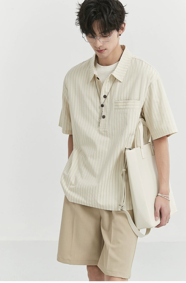 Striped Short Sleeve Half Button-Up Shirt