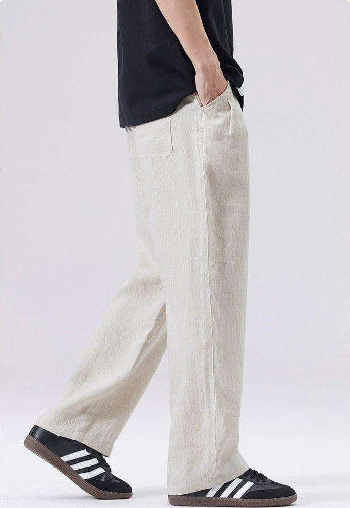 Straight Fit Elastic Waist Linen Trousers