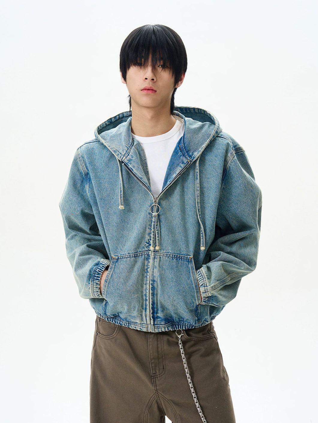 SeaRoomlynn★DENIM HOODIEジャケット Boxy Denim Zip-Up Hooded Jacket with Elastic Hem