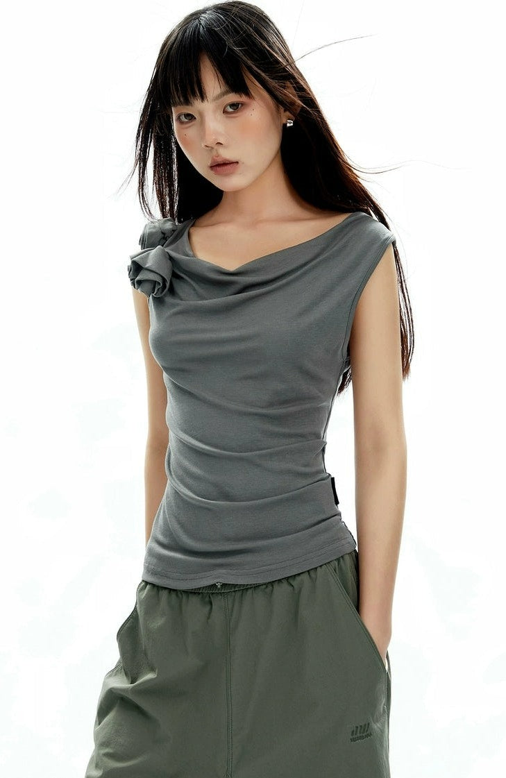 Asymmetrical Shoulder Ruffle Trim Top - Main Image