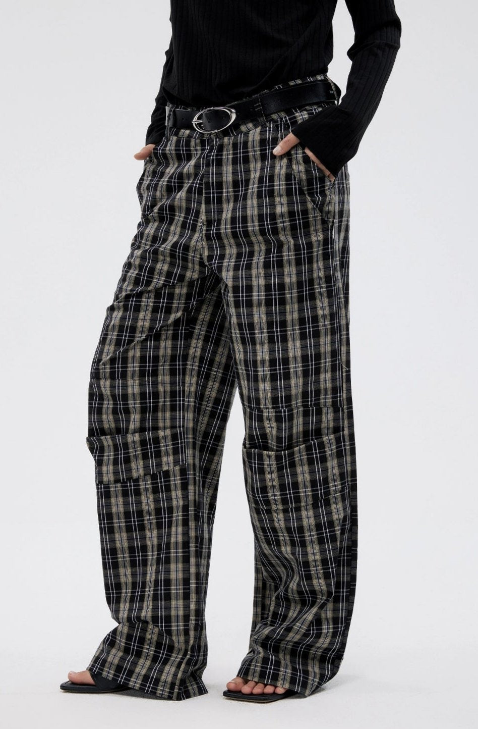 Wide Leg Pleated Plaid Trousers - Main Image