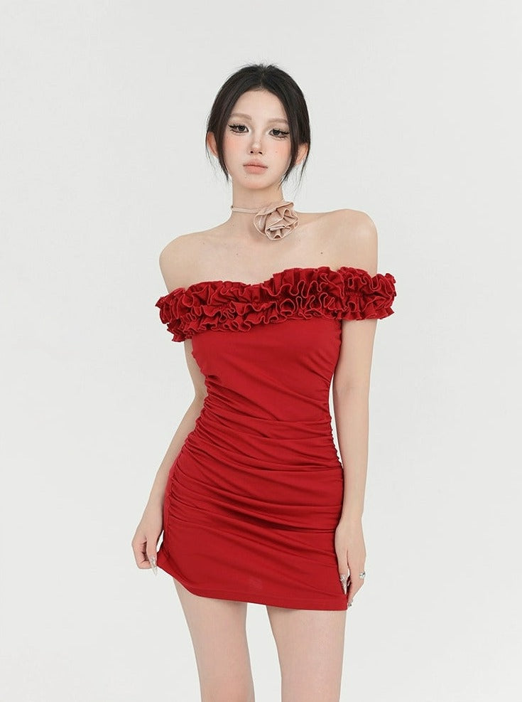 Off-Shoulder Ruffle Trim Bodycon Mini Dress