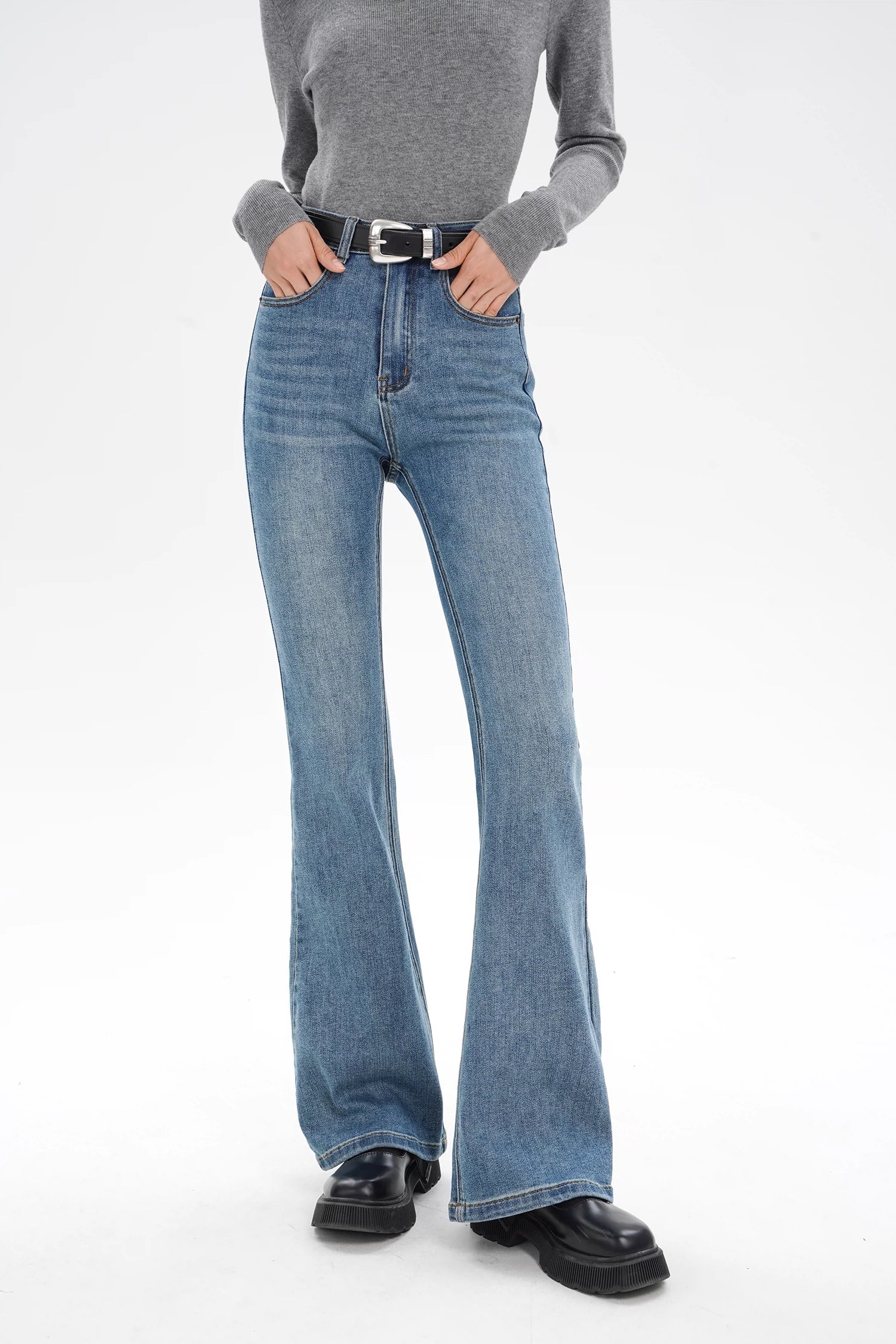 Skinny Denim Semi-Flare Jeans with Faded Wash