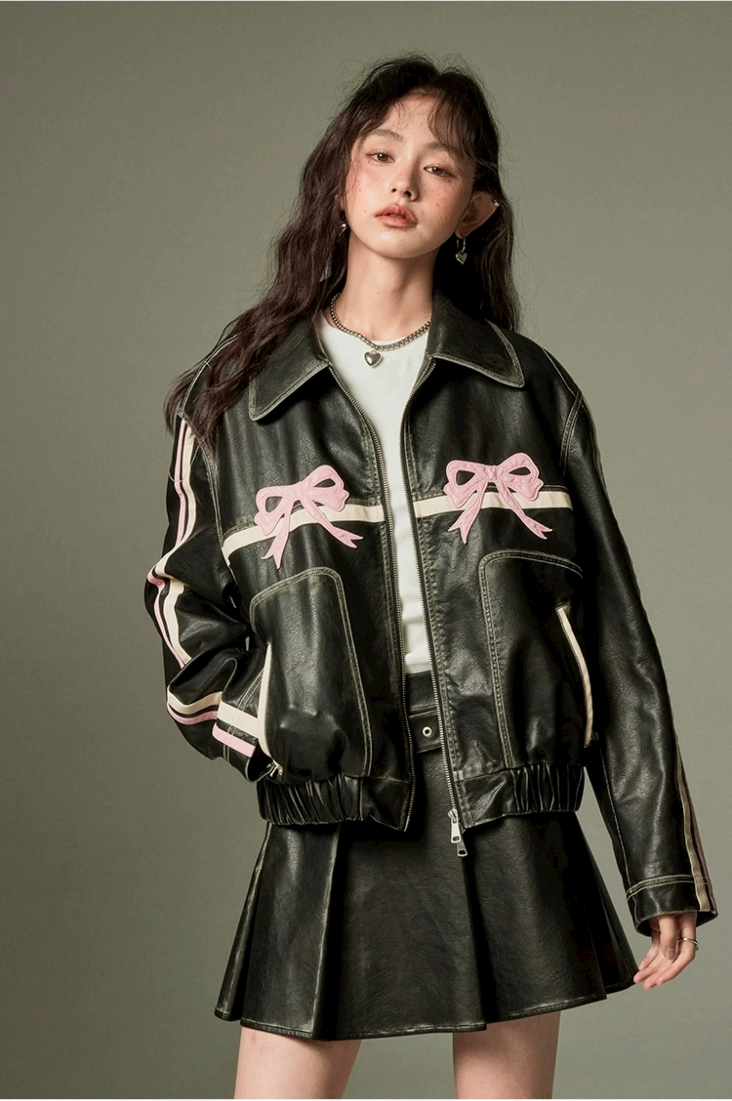 Faux Leather Jacket with Embroidered Ribbon Bow Detail