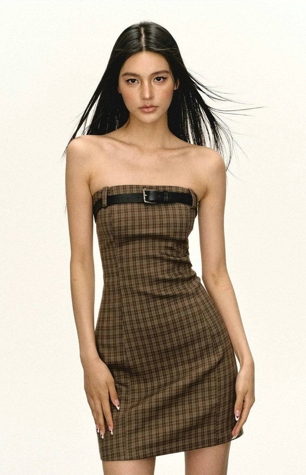 Skinny Plaid Strapless Bandeau Mini Dress - Main Image