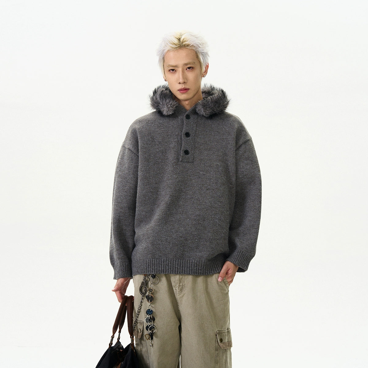 Fur Trim Hoodie Half Zip Knit Sweater Fur Trim Hoodie Half Zip Knit Sweater