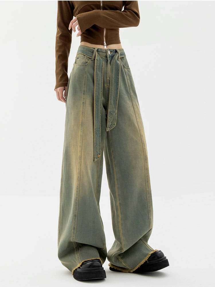 Faded Wide Leg Distressed Hem Belted Jeans - Main Image
