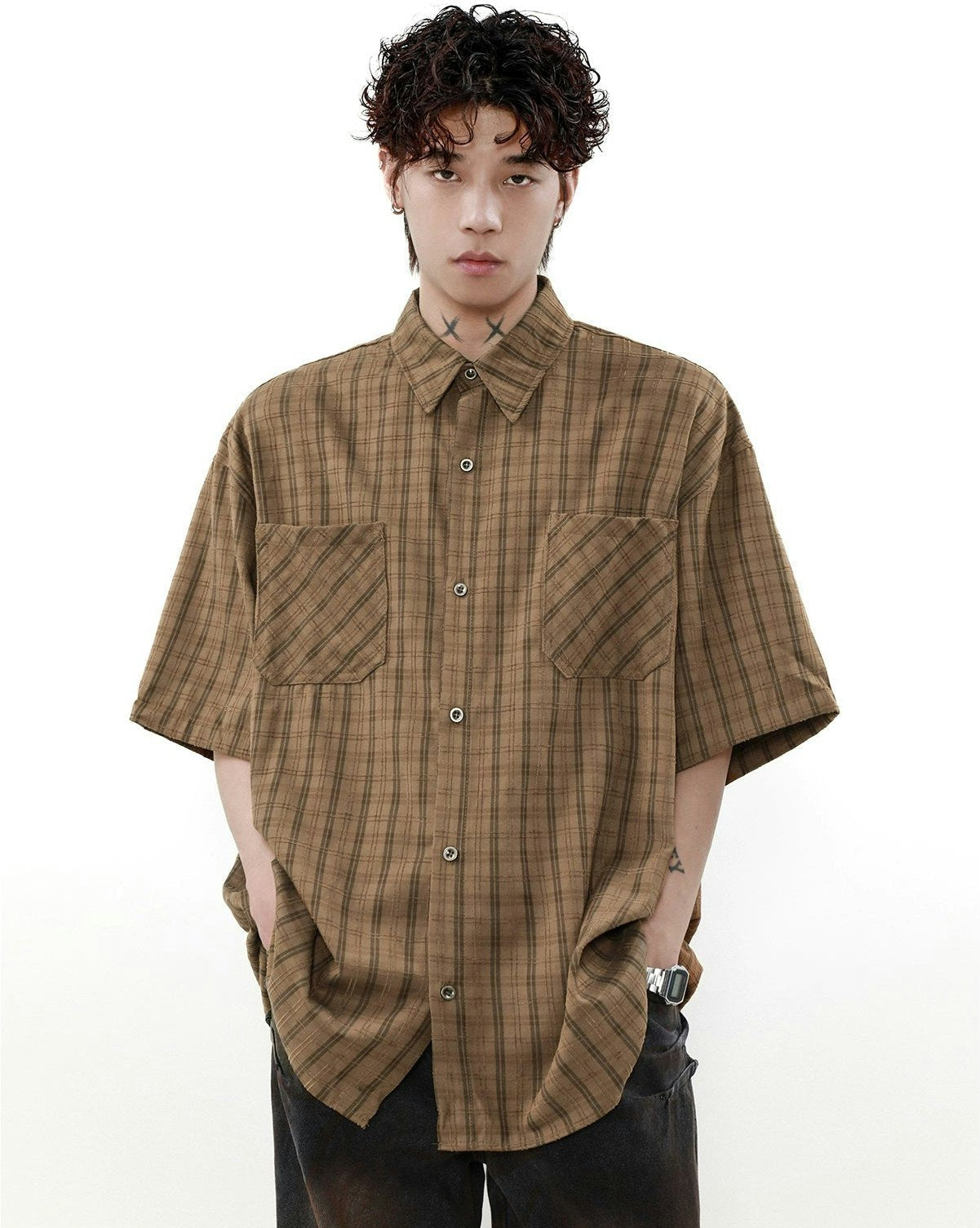 Oversized Plaid Button-Up Shirt - Main Image