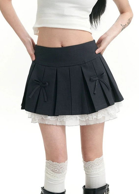 Pleated Bow Detail Mini Skirt with Lace Hem - Main Image