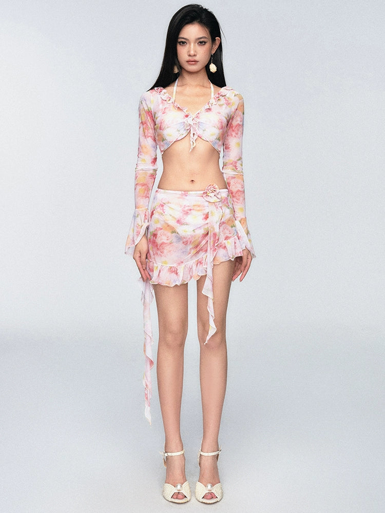 Ruffled Floral Tie-Front Swim Set with Skirt