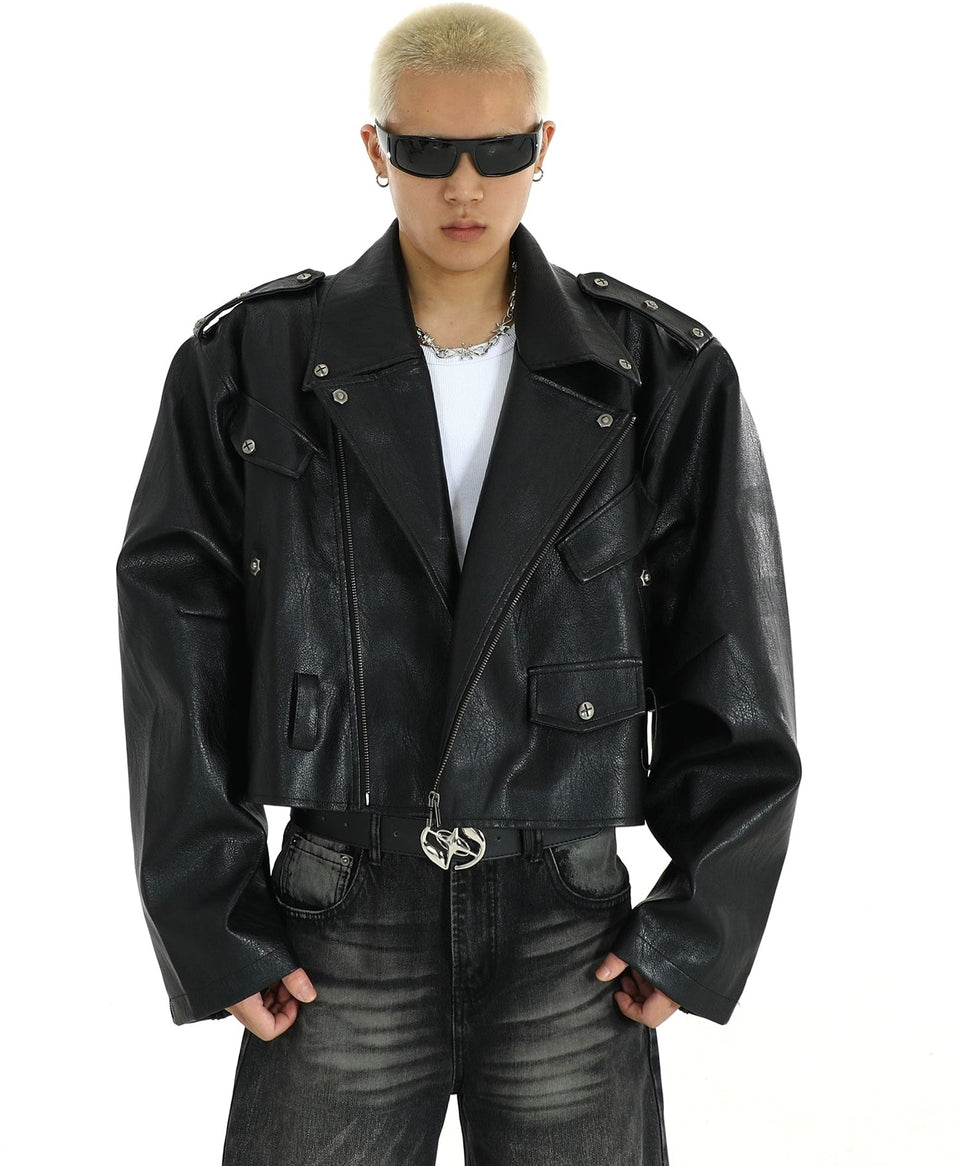 Oversized Mid-Crop Leather Moto Biker Jacket with Belt Detail