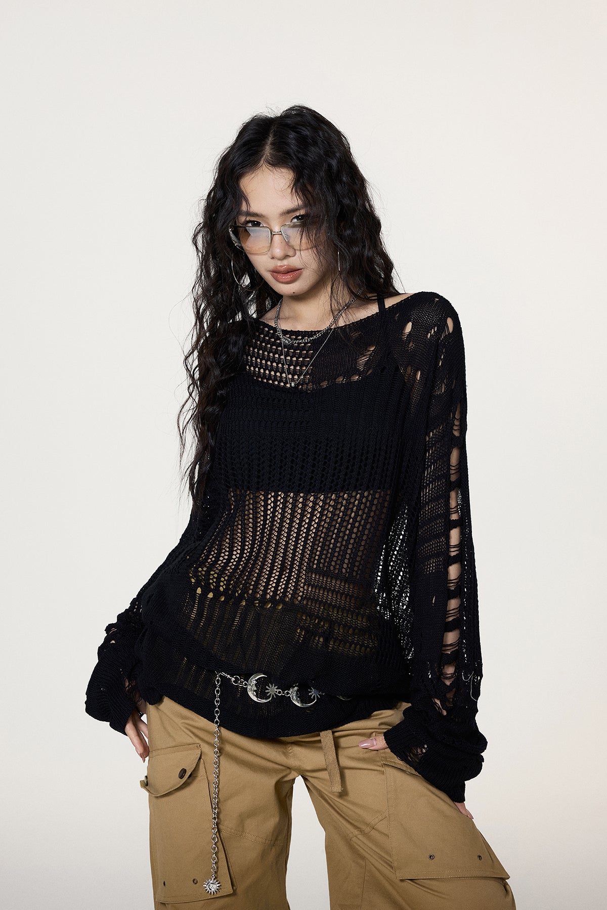 Distressed Open Knit Cropped Sweater - Main Image