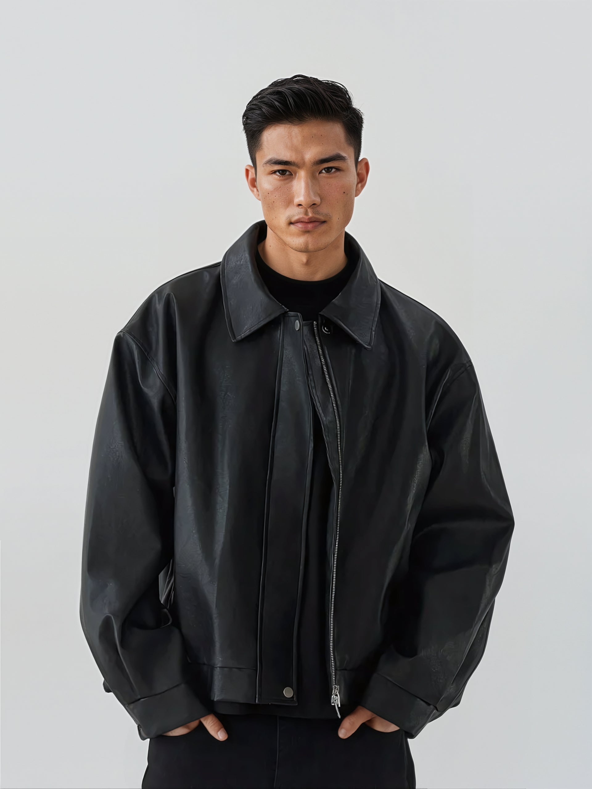 【SPERONE】23FW★ Overfit curved blouson jacket Oversized Faux Leather Drop Shoulder Zip Jacket