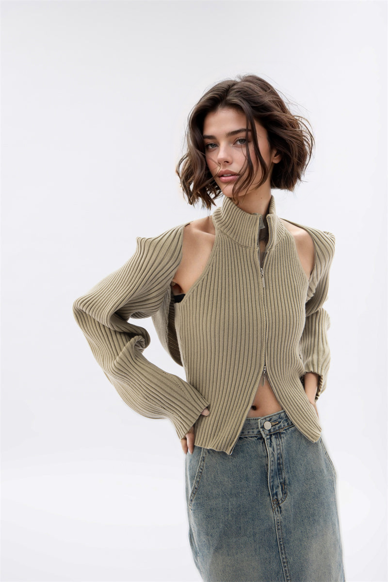 Double Zip High Neck Knit Vest and Shrug Top
