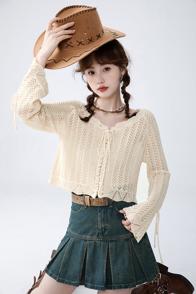 Open Knit Cropped Cardigan with Drawstrings