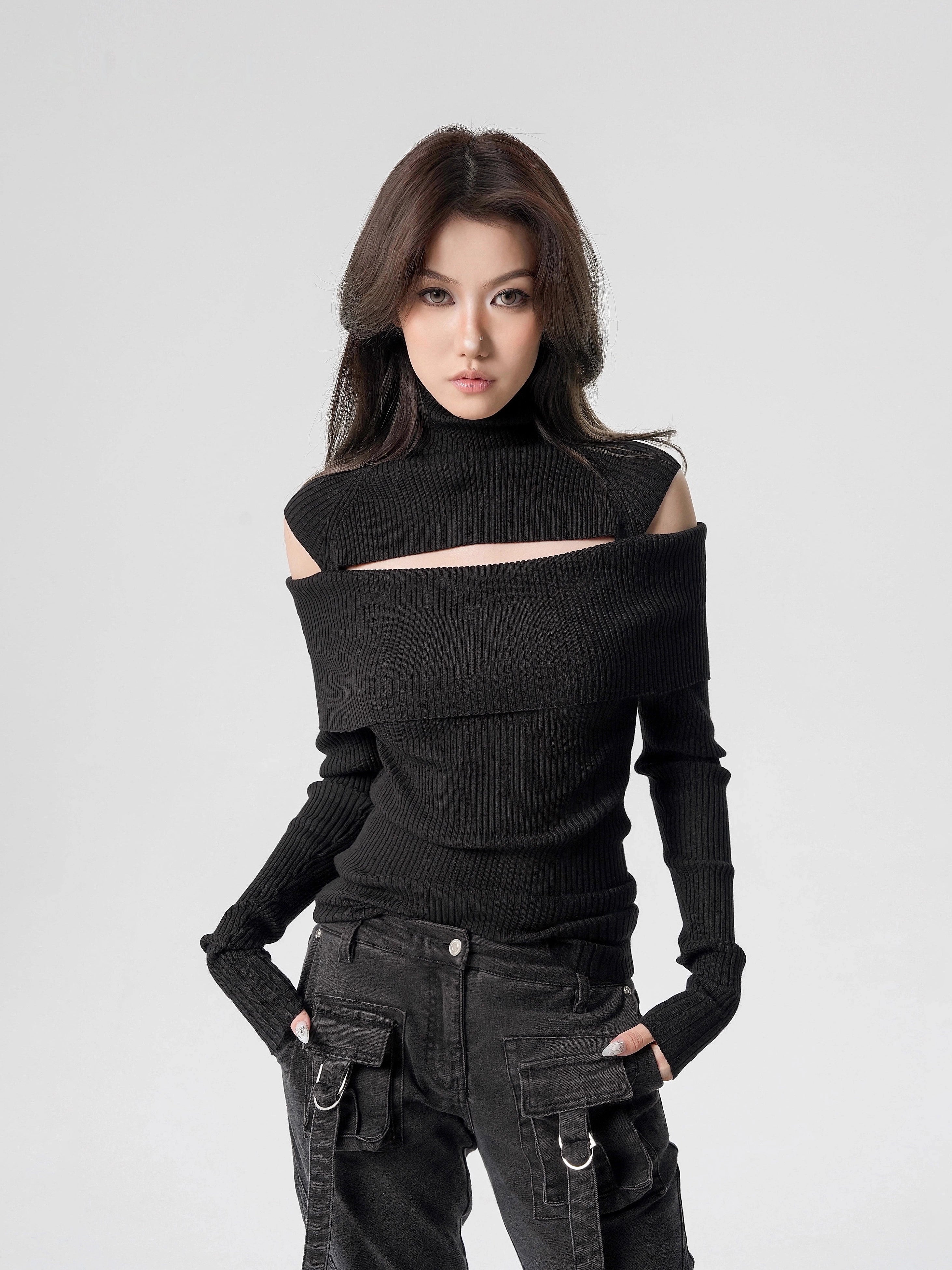 Ribbed Cold Shoulder Cutout Turtleneck Sweater