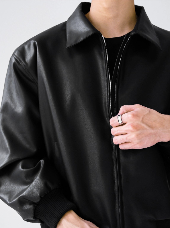 Faux Leather Zip-Through Collared Cuffed Jacket