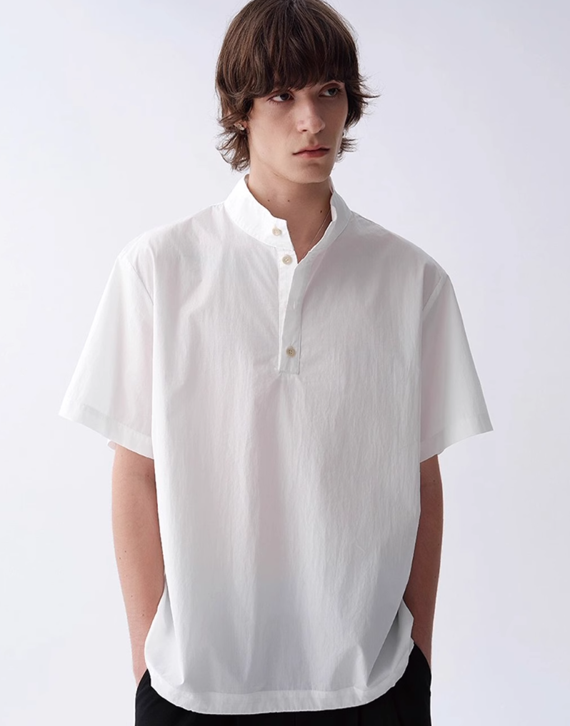 half button dress shirt Striped Short Sleeve Half Button-Up Shirt
