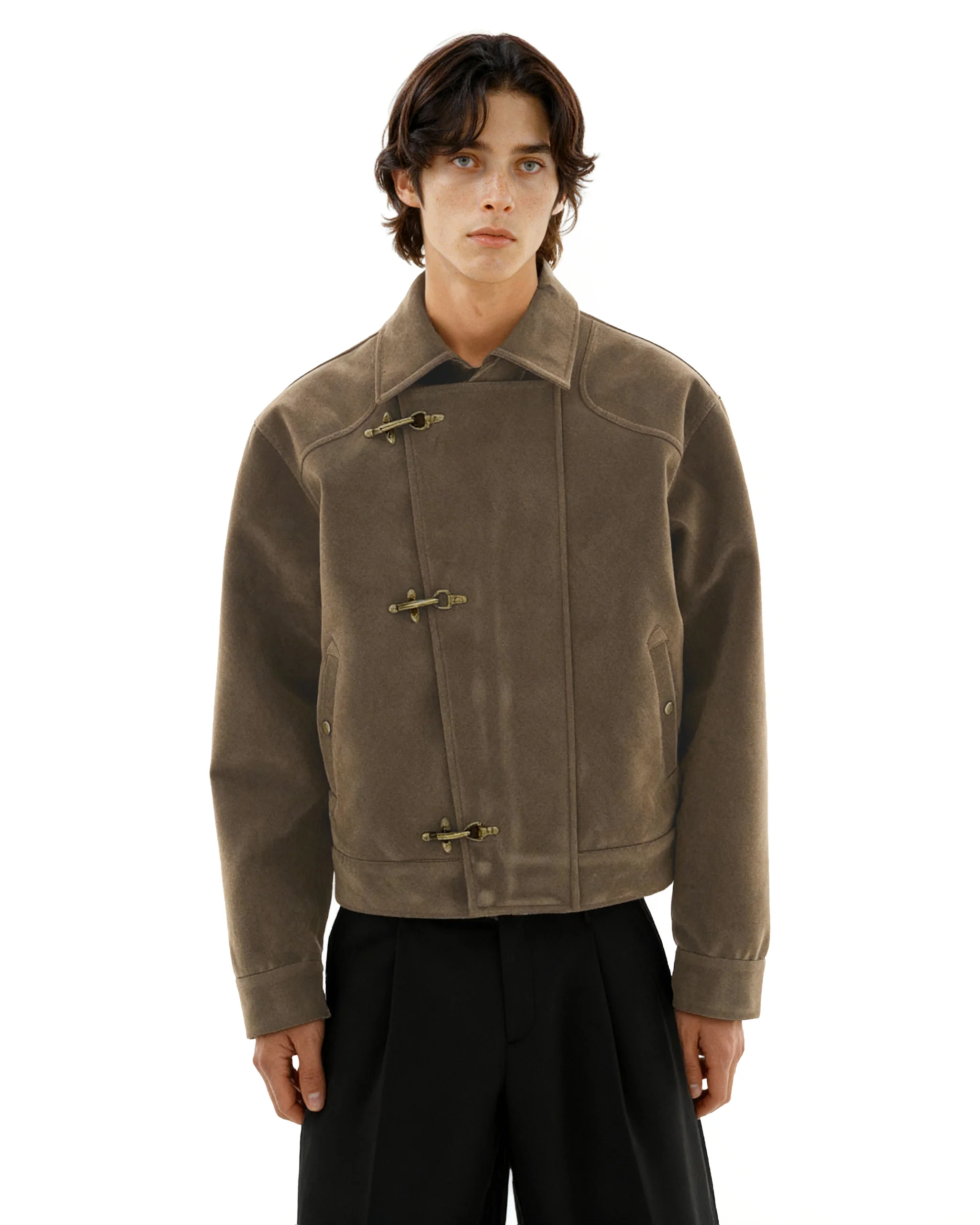 Asymmetric Fireman Buckle Mid Crop Suede Jacket