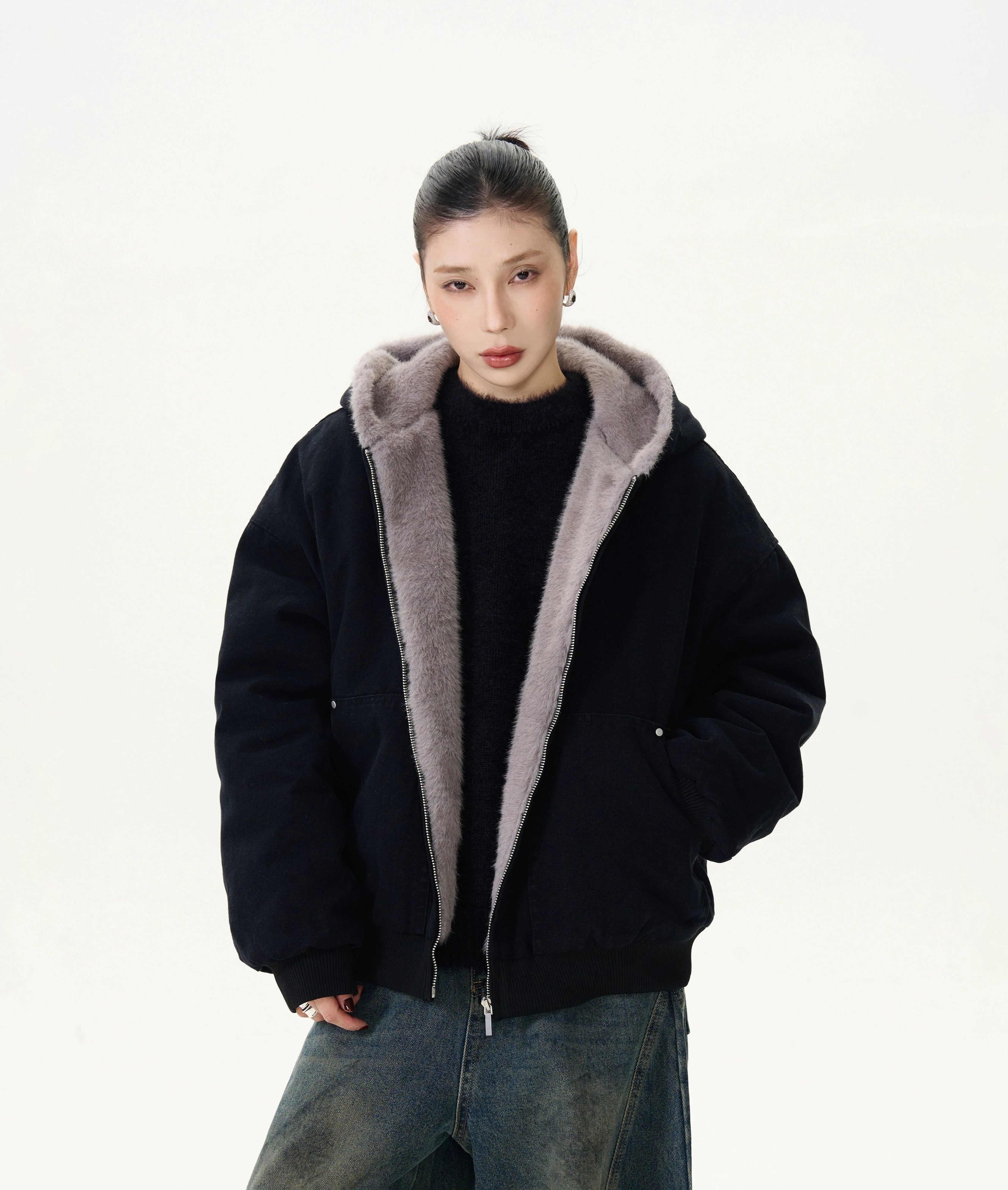 Faux Fur Lined Bomber Jacket with Pockets Faux Fur Lined Bomber Jacket with Pockets