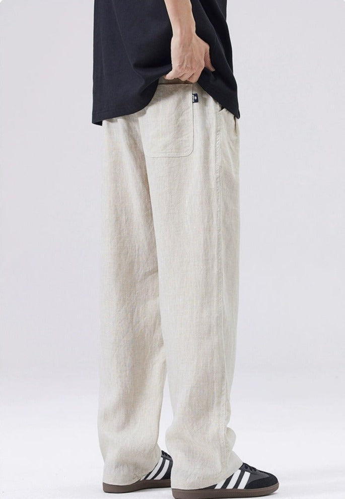 Straight Fit Elastic Waist Linen Trousers