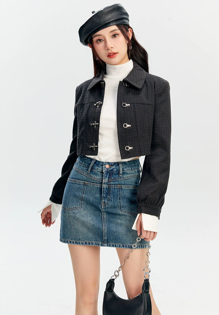 Textured Fireman Clasp Cropped Collar Jacket Textured Fireman Clasp Cropped Collar Jacket