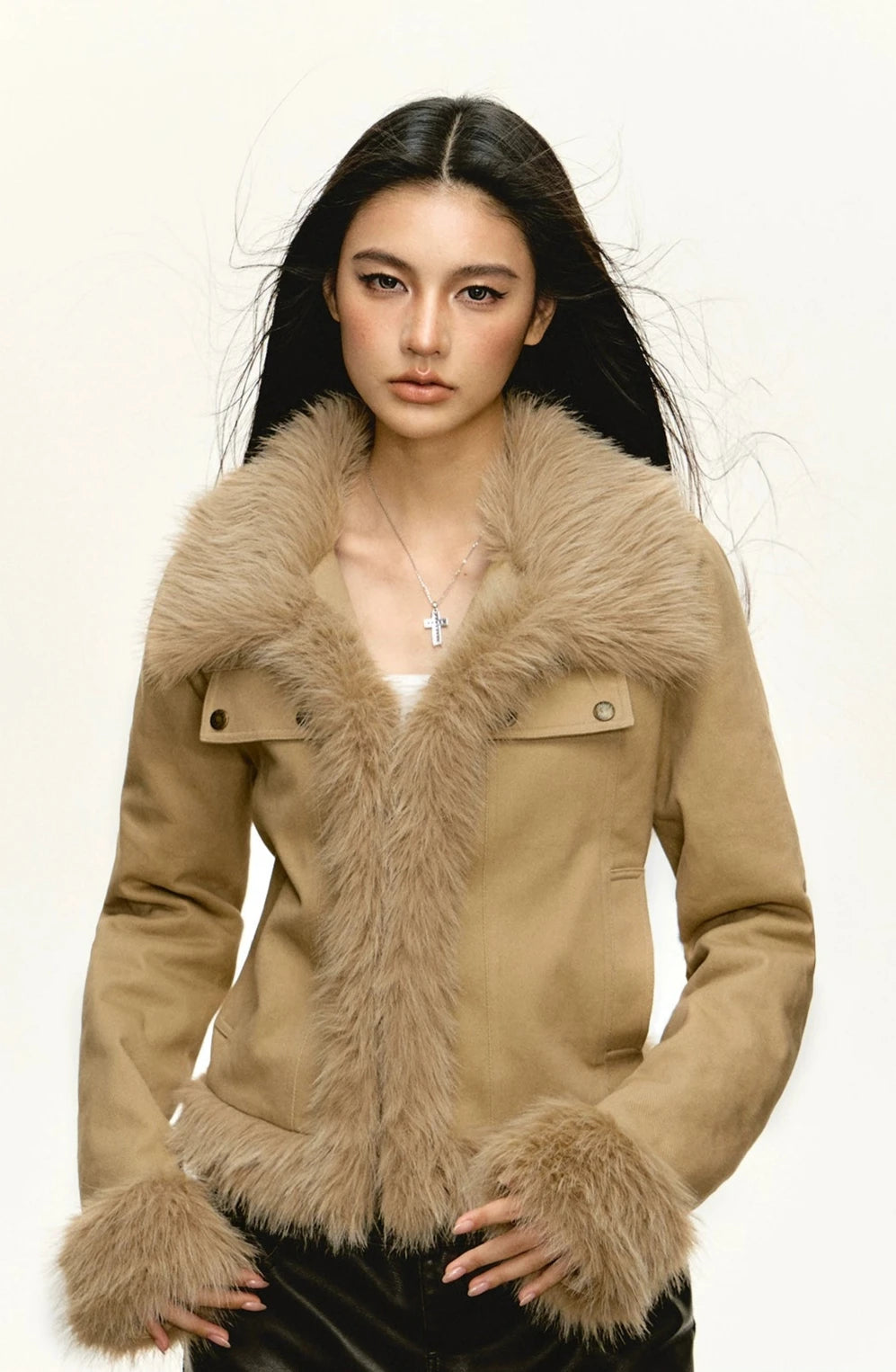 Skinny Faux Fur Trim Zip Jacket - Main Image