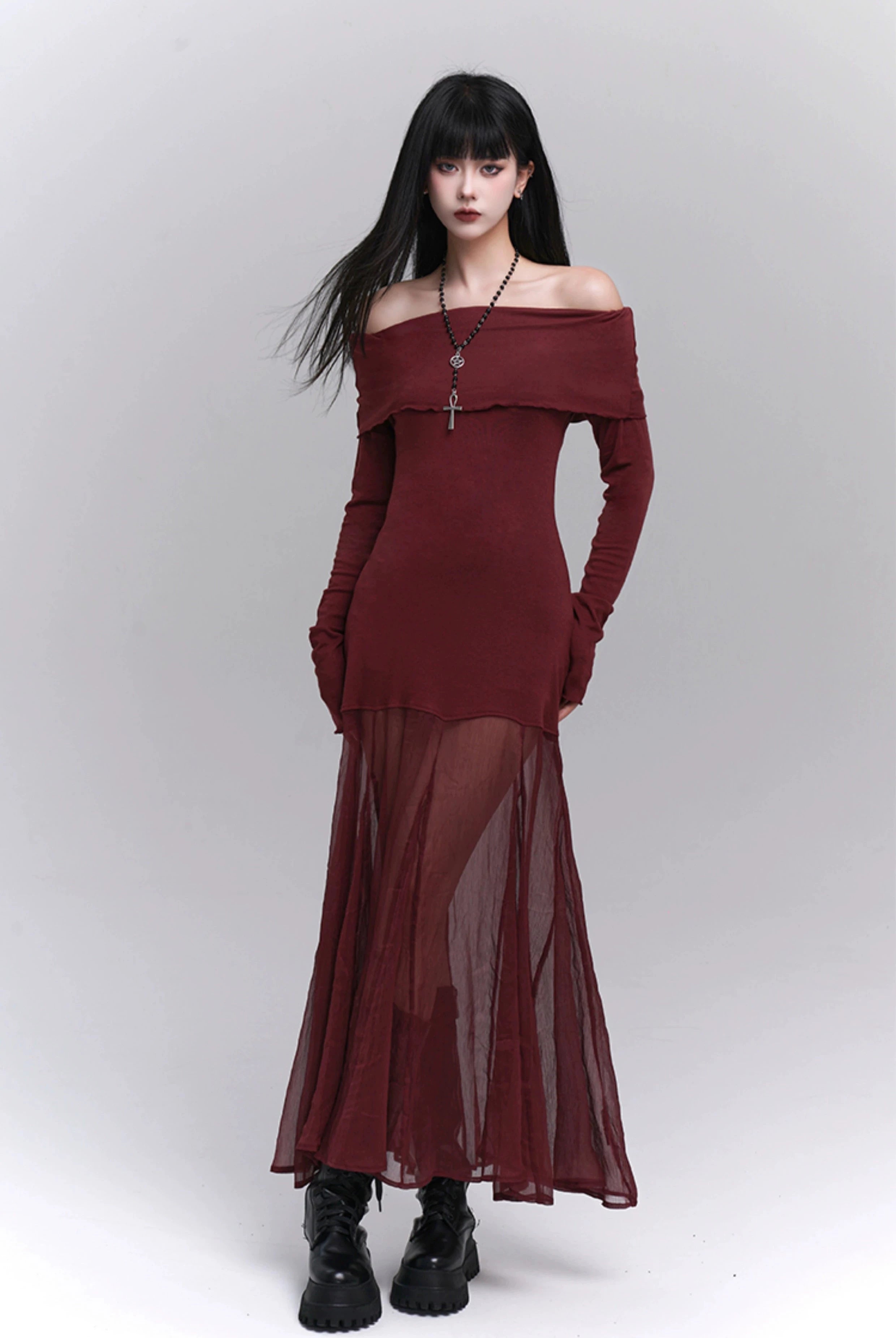 Ruffle Off-Shoulder Sheer Skirt Maxi Dress - Main Image