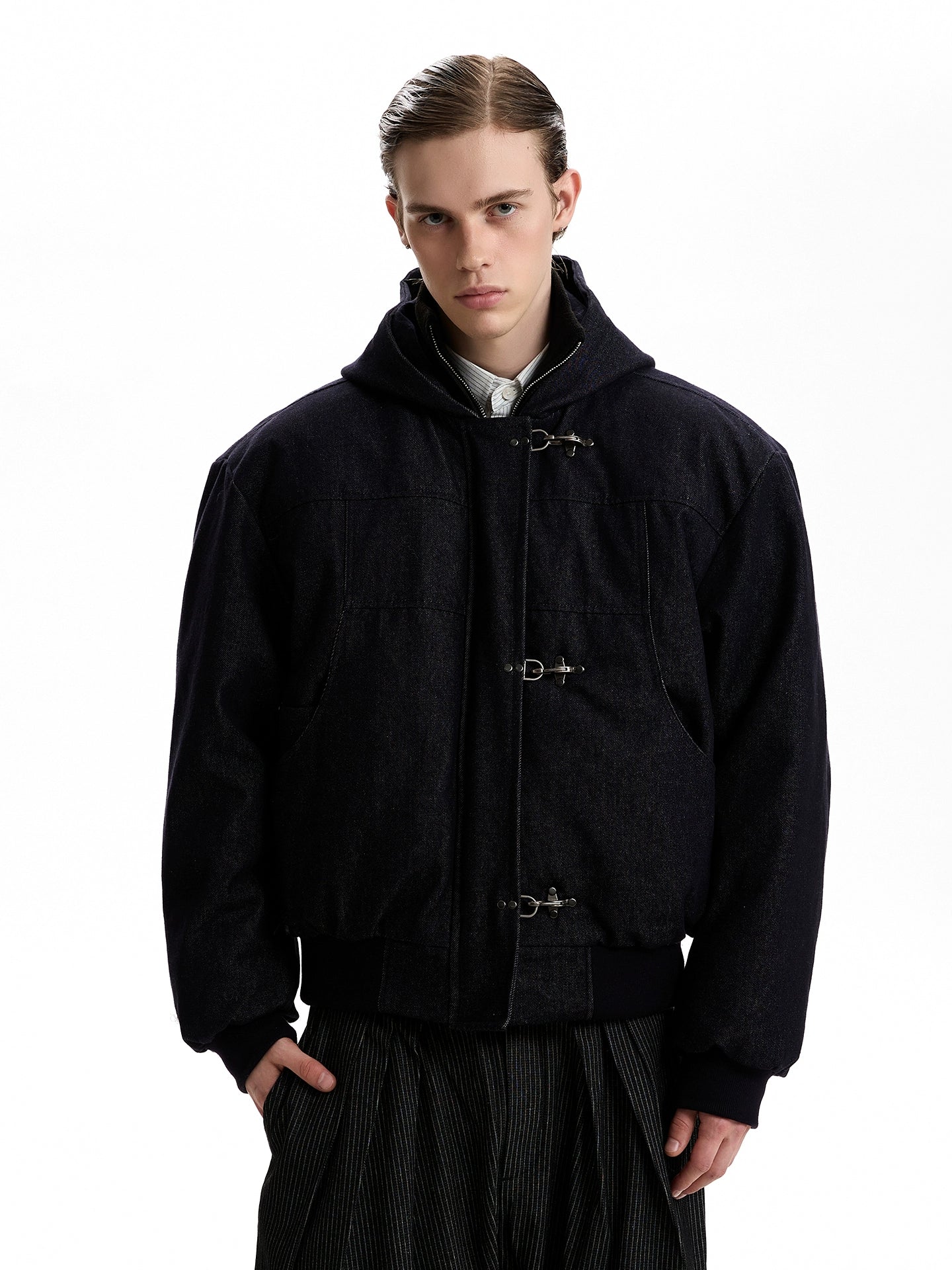 Boxy Fireman Clasp Hooded Dark-Wash Denim Zip Jacket Boxy Fireman Clasp Hooded Dark-Wash Denim Zip Jacket