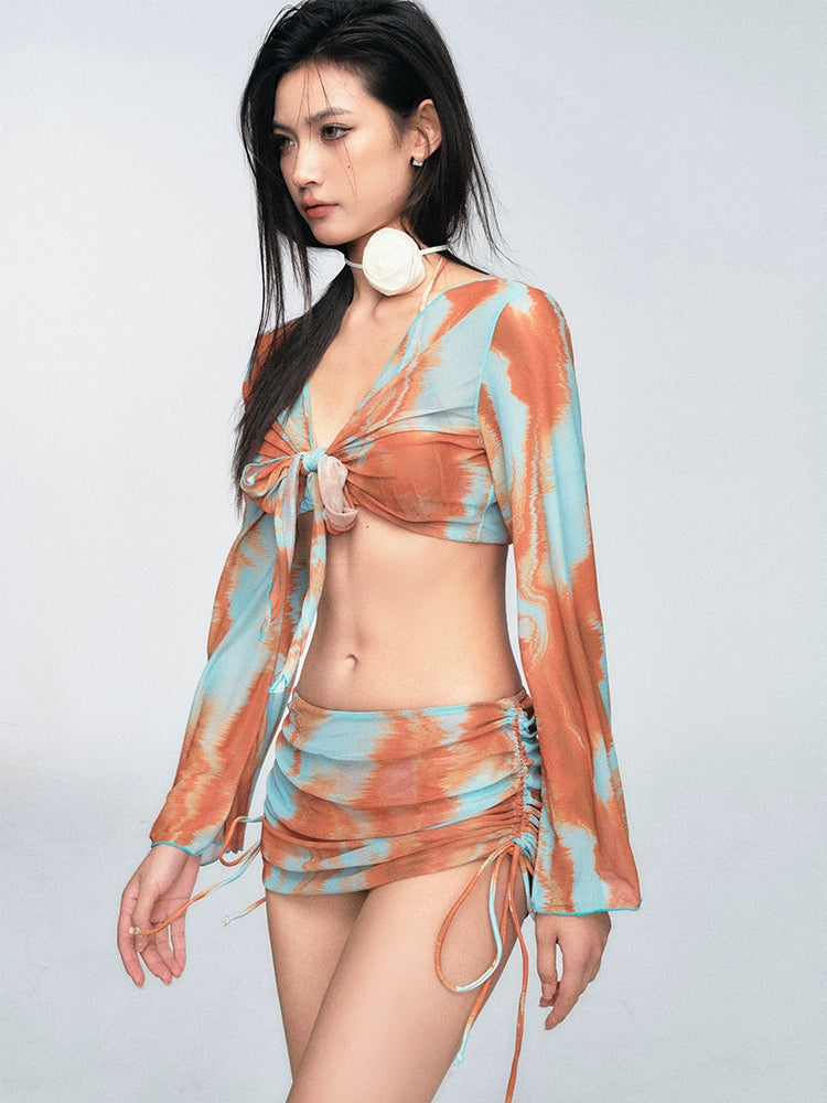 Tie-Front Abstract Print Long-Sleeve Bikini Set