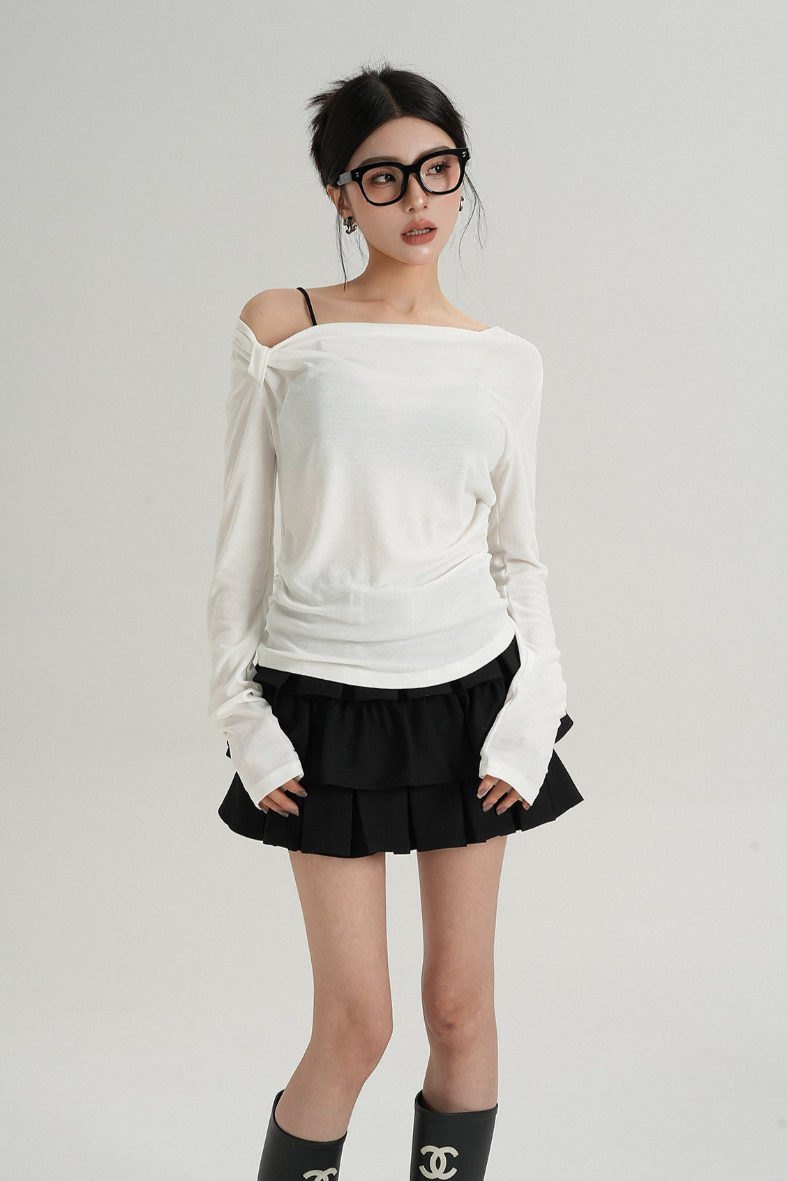 Asymmetric Single-Strap Off-Shoulder Long Sleeve Top