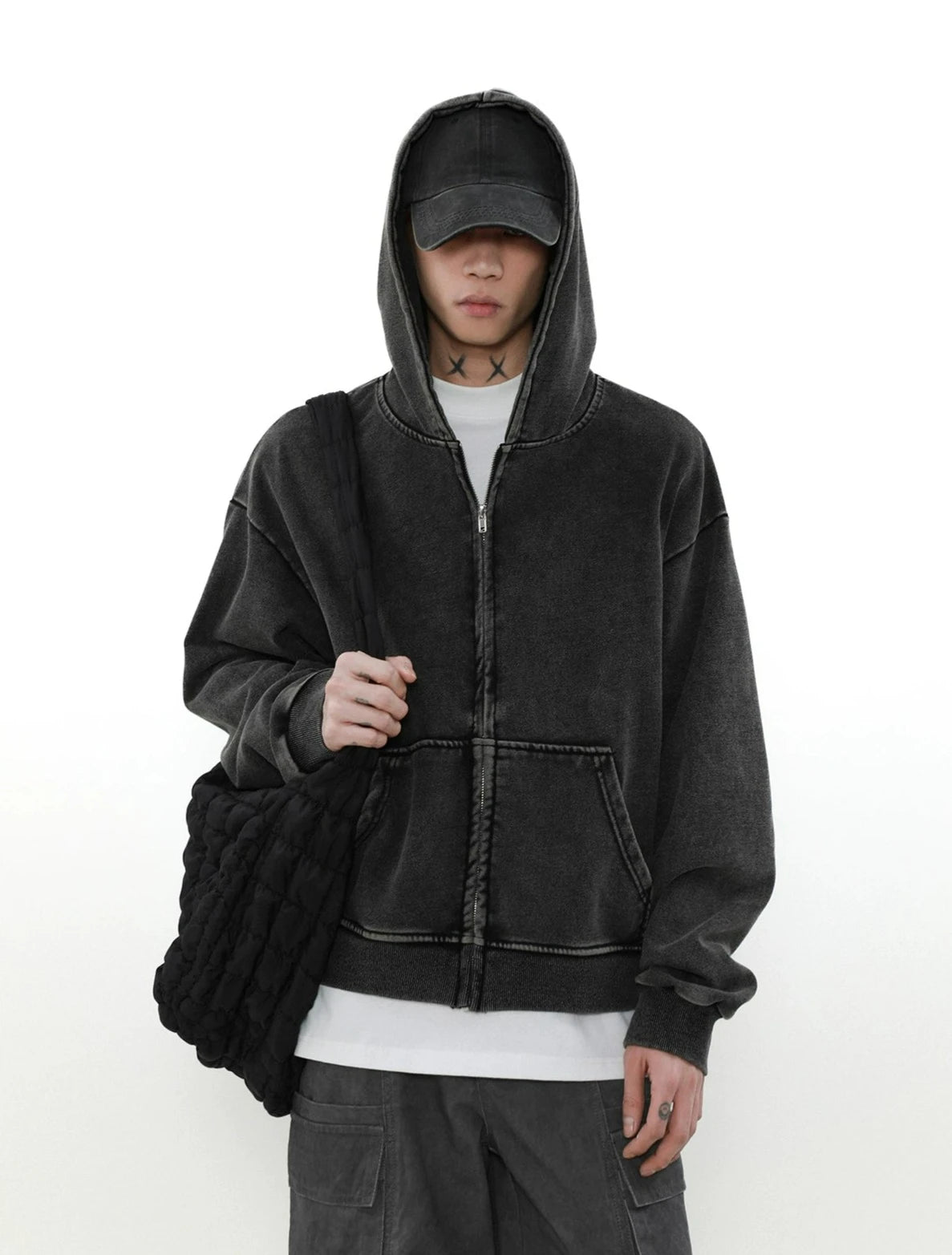 Oversized Faded Mid Crop Boxy Zip Up Hoodie