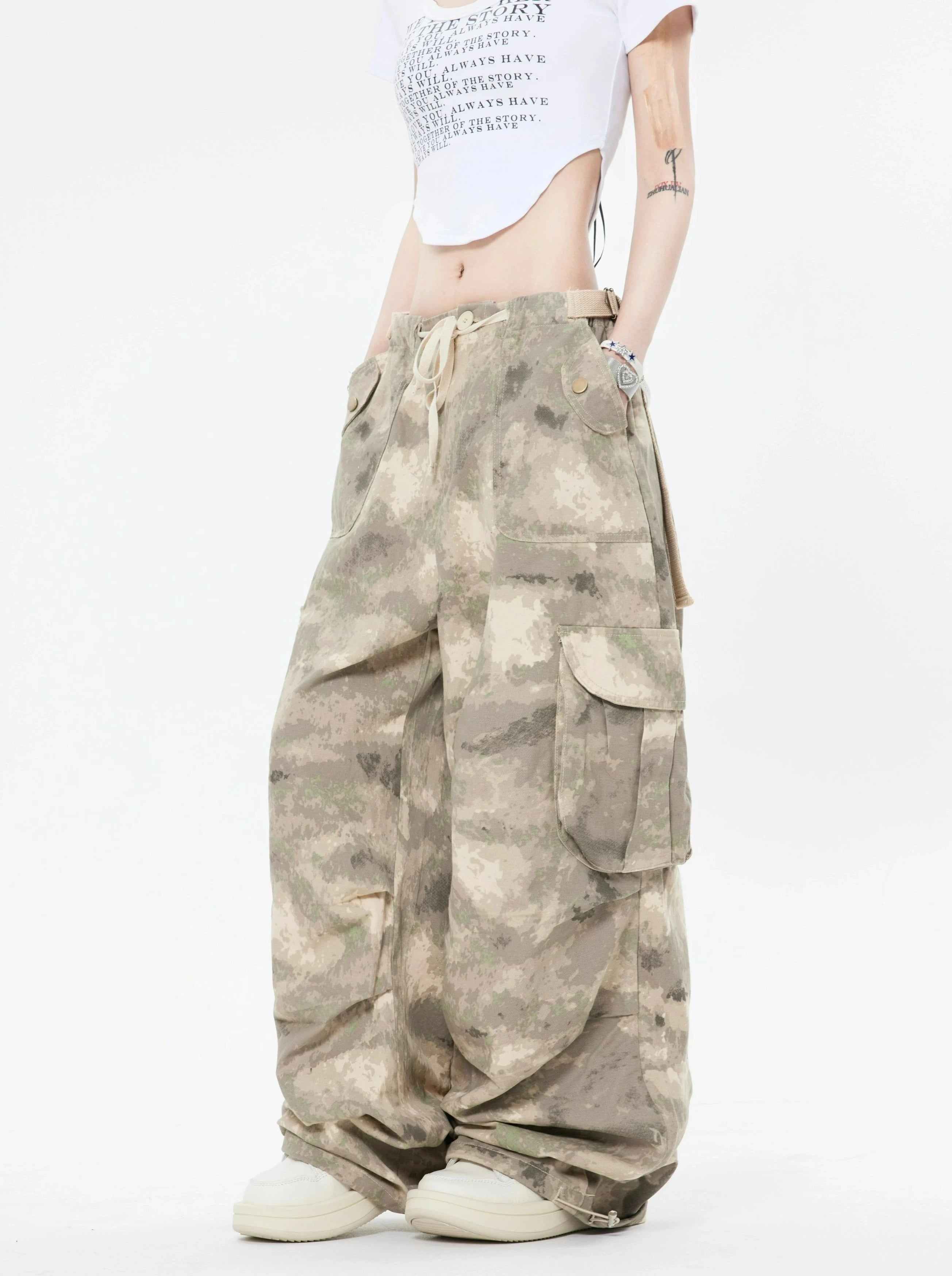 Faded Camo Baggy Cargo Pants with Drawstring
