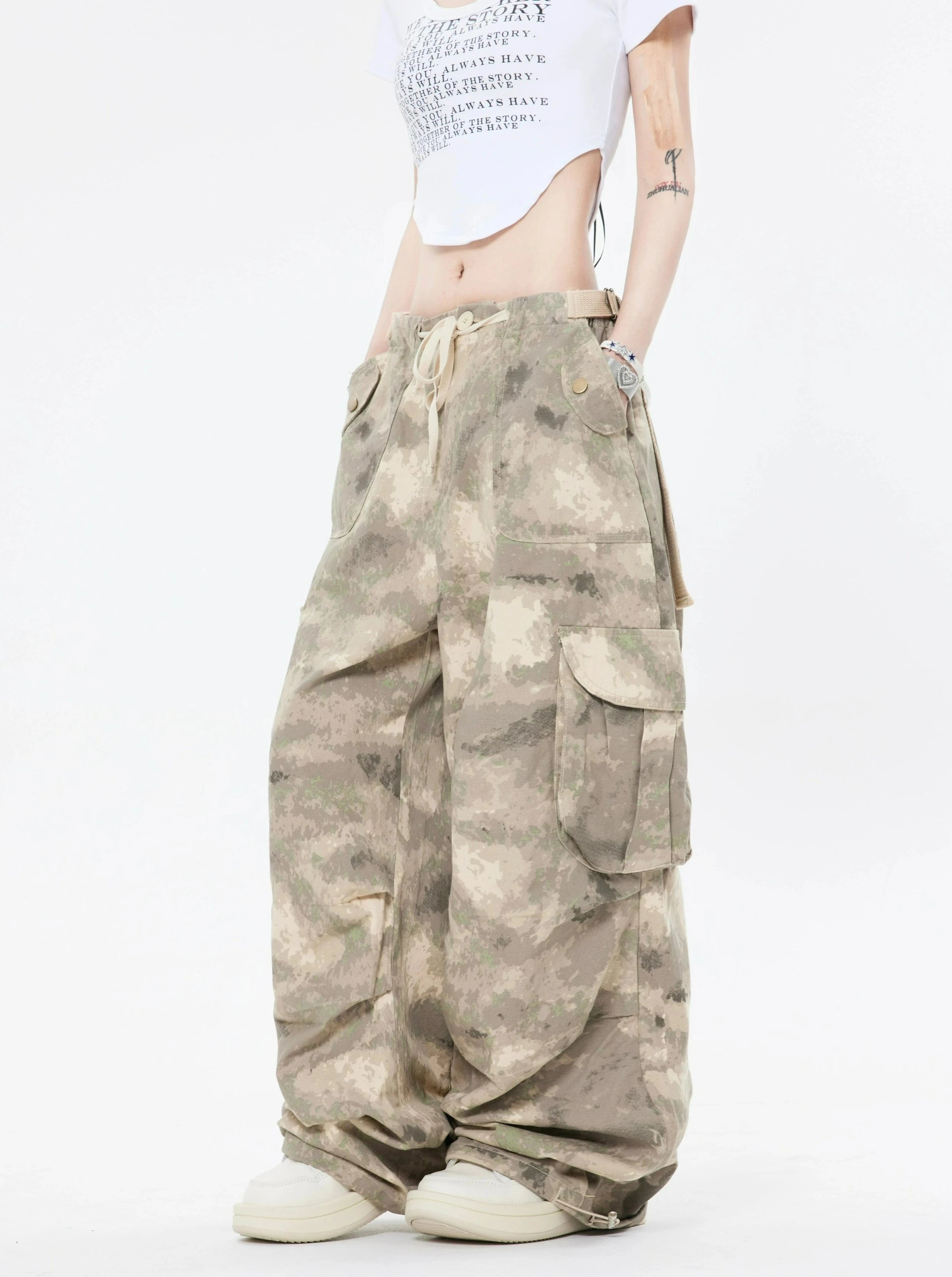 Faded Camo Baggy Cargo Pants with Drawstring Khaki XXS Y2K Nightcity Clothing