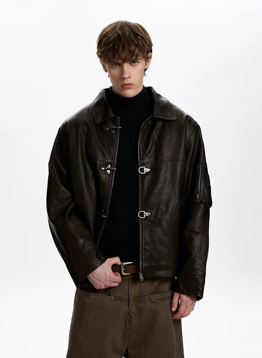 Faux Leather Fireman Buckle Zip Jacket with Sleeve Pocket