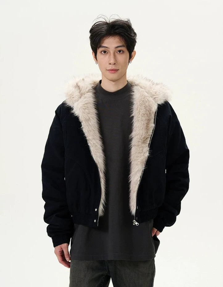 Oversized Faux Fur Collar Hooded Bomber Jacket Champagne L Subversive Archive Y2K Nightcity Clothing
