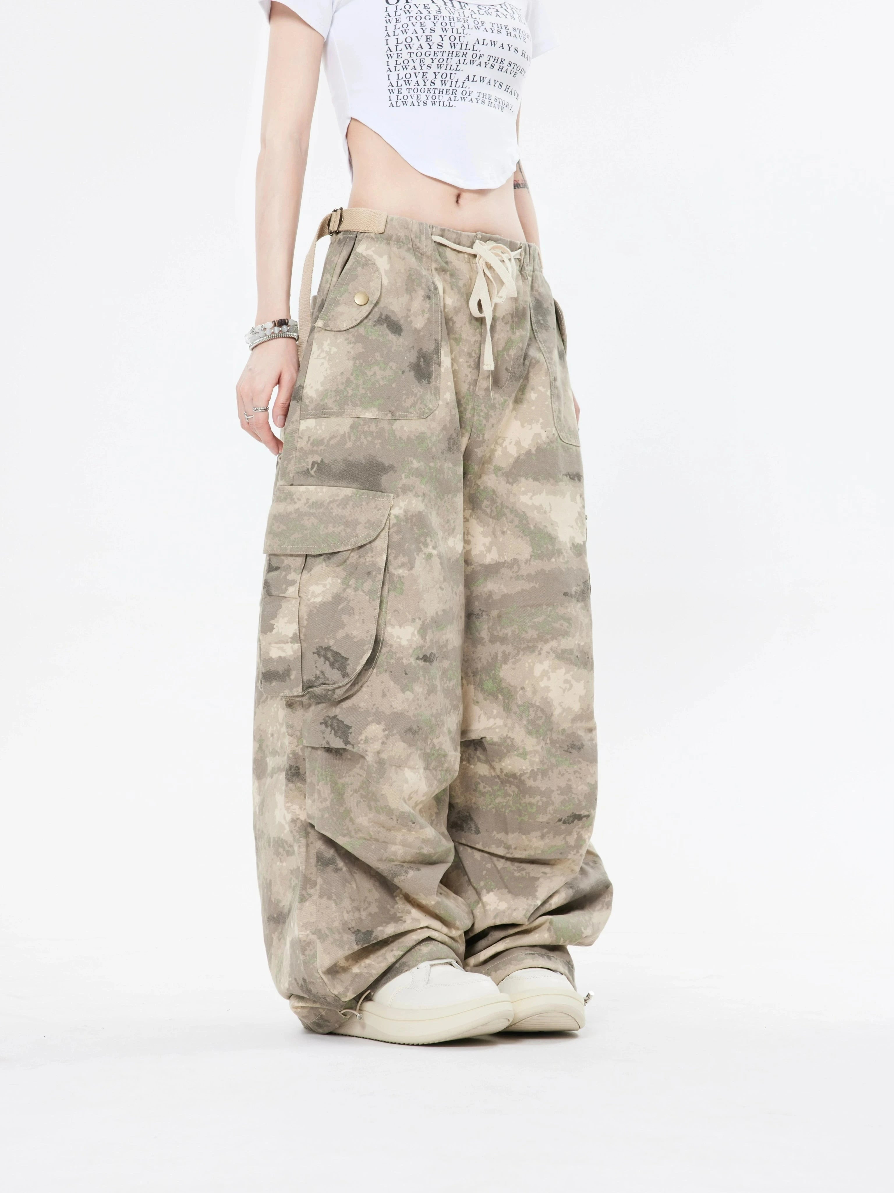 Faded Camo Baggy Cargo Pants with Drawstring