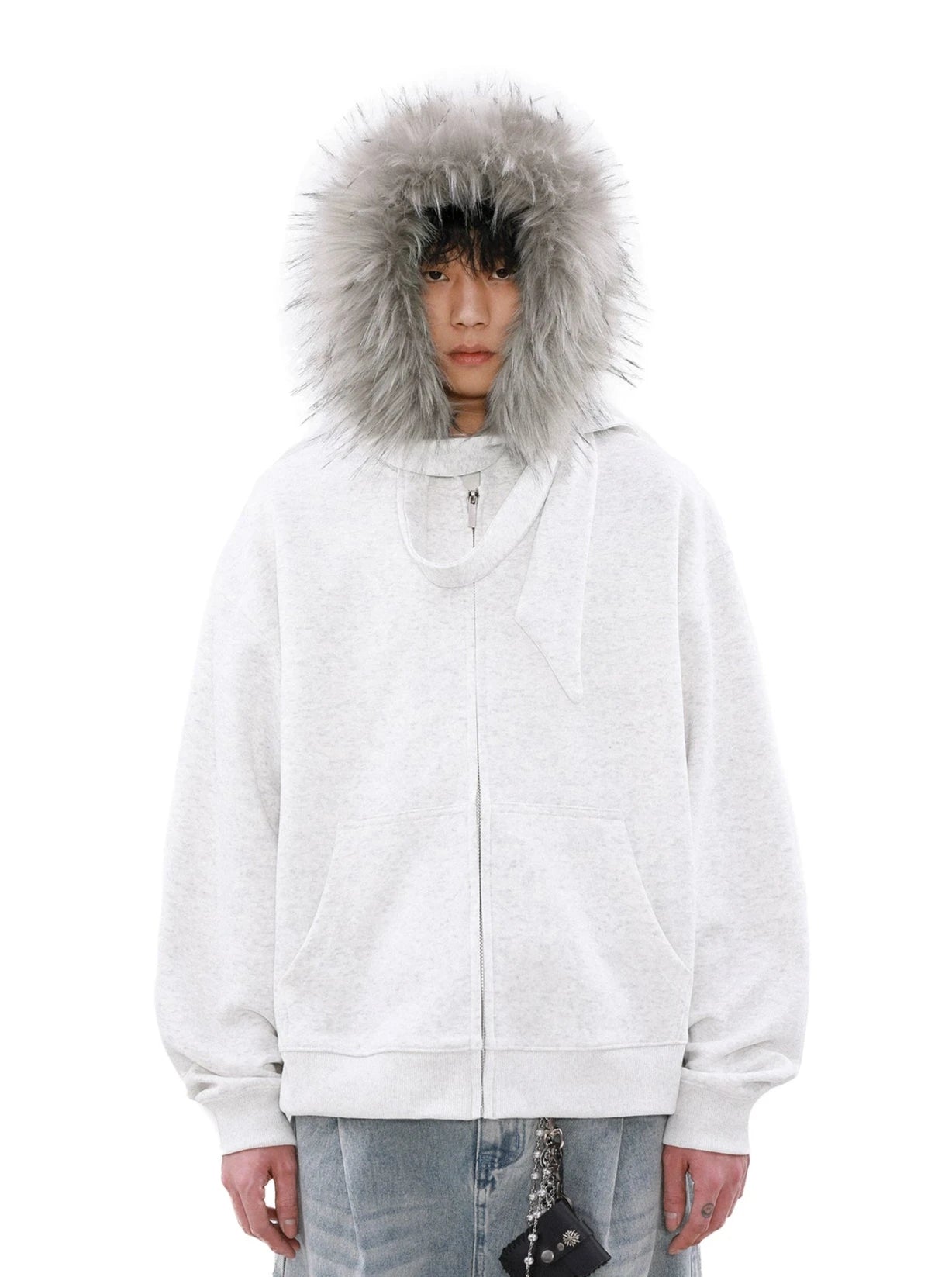 Faux Fur Lined Zip Up Hoodie with Bow Detail
