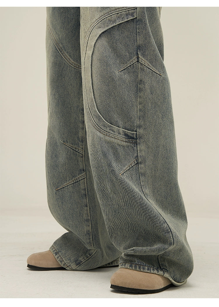 Vintage Sand Wash Wide-Leg Jeans with Stitch Detail