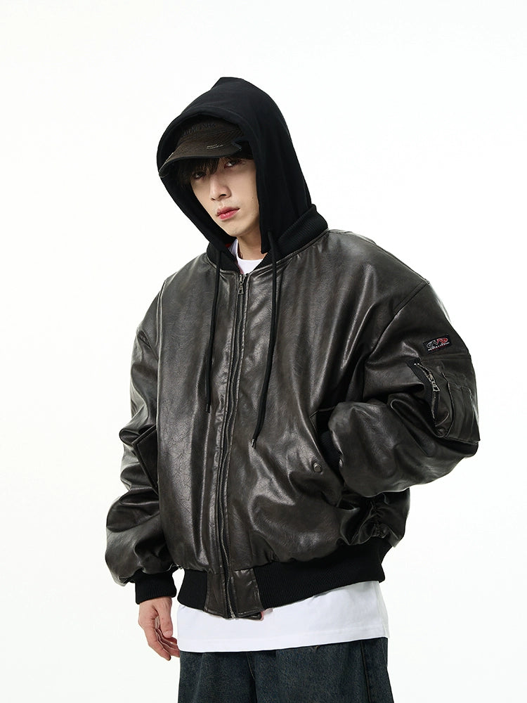Hooded faux leather bomber jacket discount