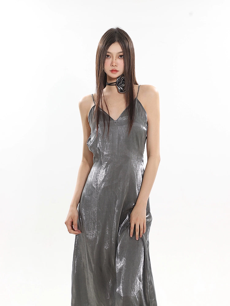 Metallic V-Neck Midi Slip Dress