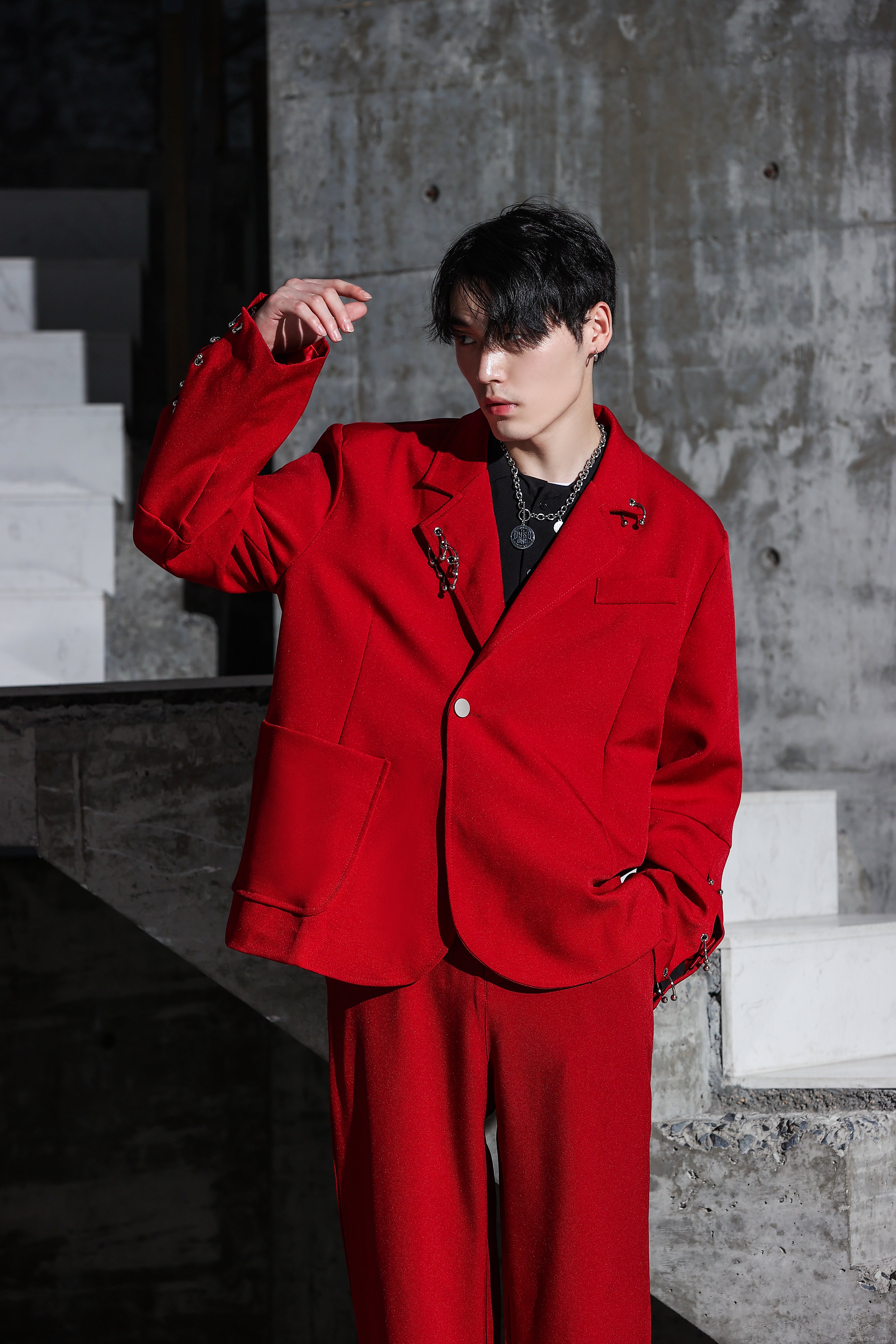 Oversized Suit Jacket with Rings and Wide Leg Pants Set - nightcity clothing
