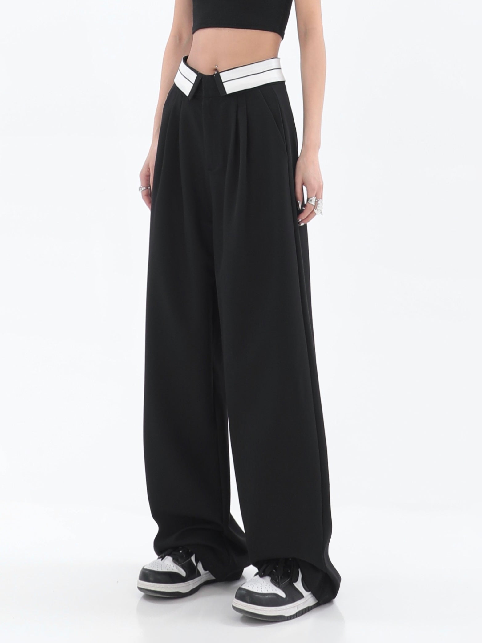 LTS Tall Black & White Contrast Waistband Wide Leg Trousers