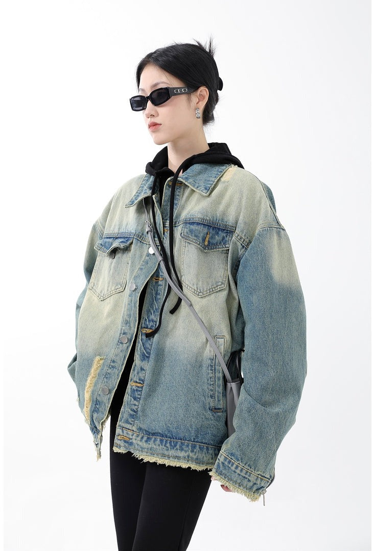 Oversized Distressed Denim Jacket - Main Image