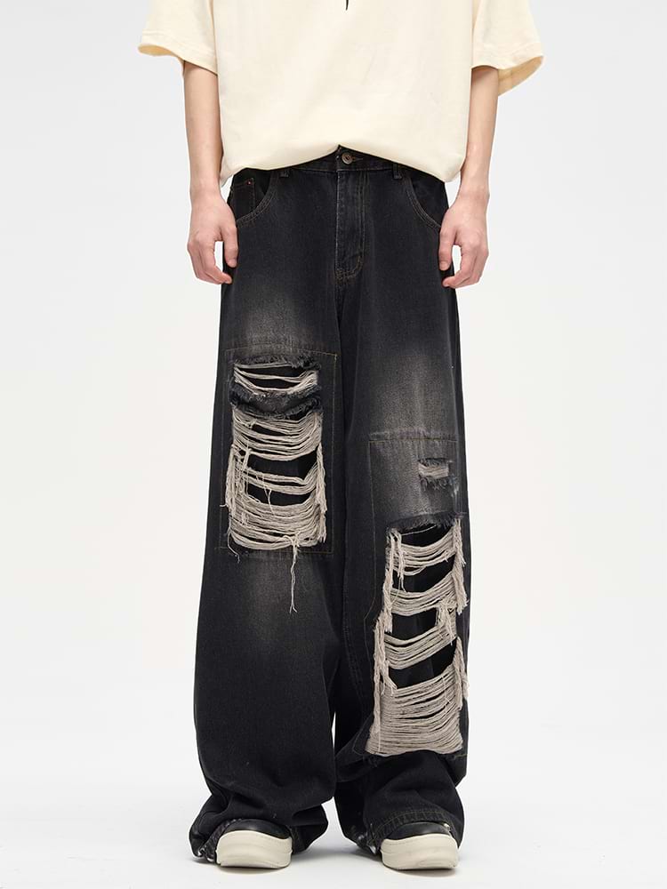 Faded Distressed Patchwork Jeans - Main Image